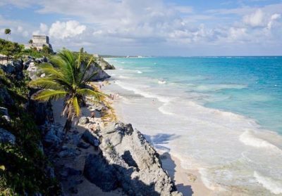 Beach and Maya ruins in Tulum Mexico
